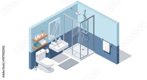 Isometric illustration of a modern bathroom interior with shower, sink, toilet, and towel rack in blue tones.