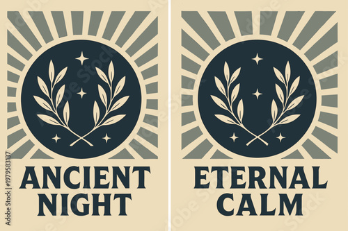 Ancestral Night Banners. Ancestral Darkness. Two vertical A6 banners with safe margins, centered composition, no elements touching edges, retro, indigo and