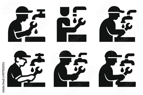 Kitchen Faucet Repair Icons. Fixing a leaky faucet in the kitchen. Icon set. Set Logo of Fixing a leaky faucet in the kitchen: plumber toolkit. harmonious logo