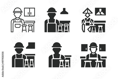 Kitchen Renovation Logos. Home renovation specialists remodeling kitchens. Icon set. Set Logo of Home renovation specialists remodeling kitchens: kitchen