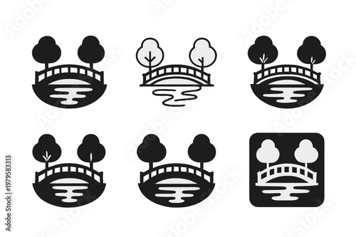 Park Architecture Icons. Architecture of public parks and green spaces. Icon set. Set Logo of architecture of public parks and green spaces: walking bridge