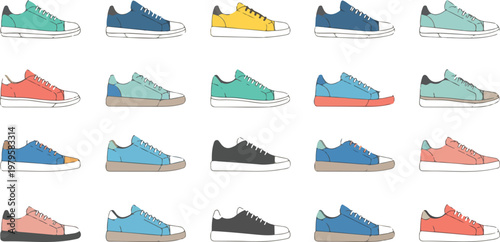 Minimalist sneaker collection illustration featuring fifteen low top shoes arranged in grid with colorful flat design variation