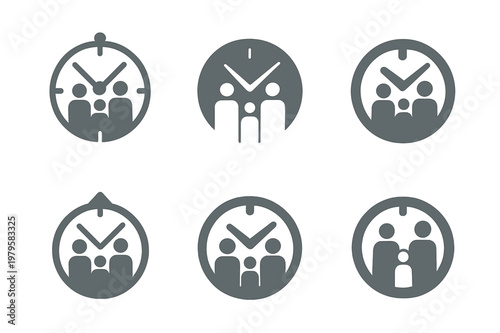 Flexible Work Icons. Flexible work schedules for parents. Icon set. Set Logo of Flexible work schedules for parents: clock with family inside. harmonious logo