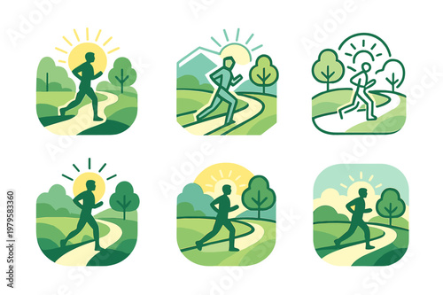Jogging Icon Set. A person jogging in the park during the early morning, surrounded by nature. Icon set. Set Logo of a person jogging in the park during the
