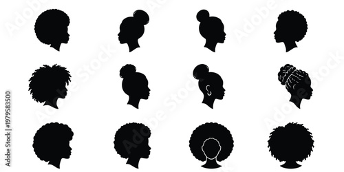 Black woman silhouette head profiles, African American female hairstyles set, 12 vector icons of afro hair, braids, and buns for beauty branding