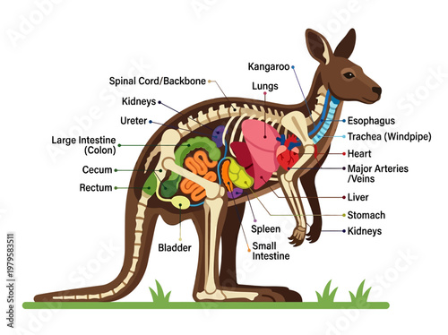 Detailed illustration of the internal anatomy of a kangaroo, showcasing its digestive, respiratory, and urinary systems
