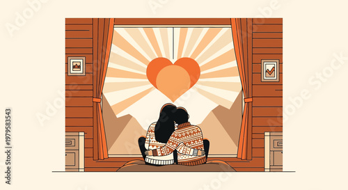 Couple Embracing, Watching Heart Sun Rise Through Window