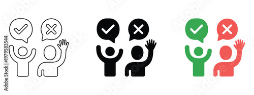 Vector icons set of people with checkmark and cross in speech bubbles, line art black and white and color options, voting and survey concept, choice and decision making process, modern UI illustration