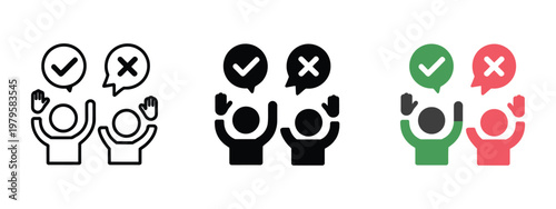 Vector icons set of people with checkmark and cross in speech bubbles, line art black and white and color options, voting and survey concept, choice and decision making process, modern UI illustration