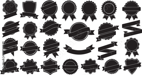 Collection of black label and badge icons on white