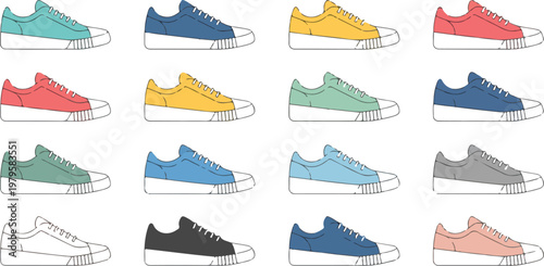 Minimalist sneaker collection illustration featuring fifteen low top shoes arranged in grid with colorful flat design variation