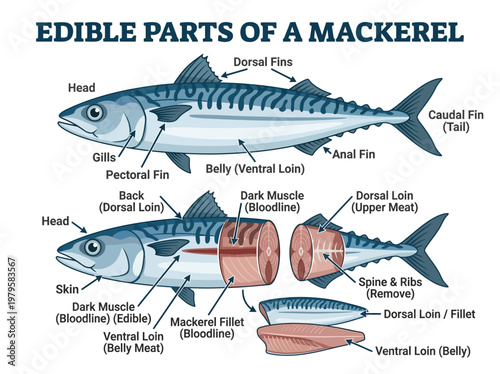 Anatomical illustration detailing the edible parts of a mackerel fish for culinary purposes and education