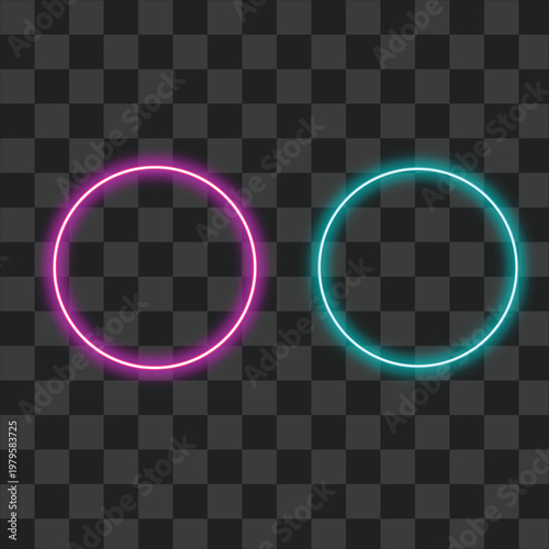 Two glowing neon circle frames on transparent background vector illustration
