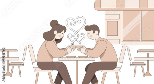 Couple enjoying coffee at cafe with heart steam, romantic date illustration