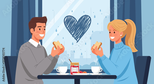Couple enjoying breakfast with jam and coffee, heart drawing on window