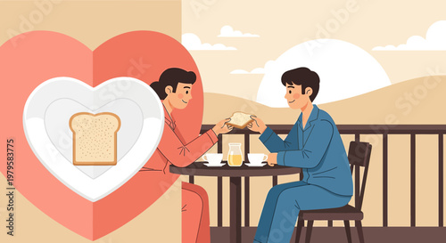 Couple Enjoying Breakfast Together with Heart Symbol
