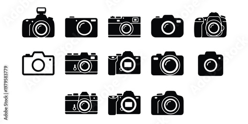 Minimalist camera icon set, 13 digital and film photography vector symbols, black silhouette camera equipment for web design and UI apps