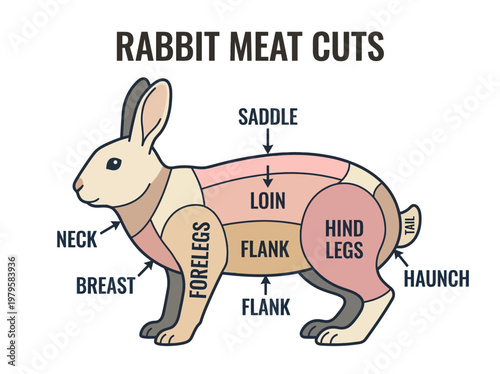 Diagram illustrating the various cuts of rabbit meat, labeled for identification