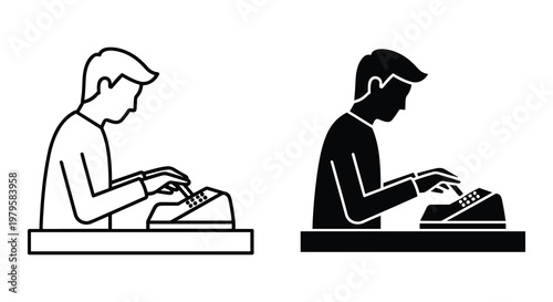 Illustration showcasing a man typing on a retro cash register in contrasting styles