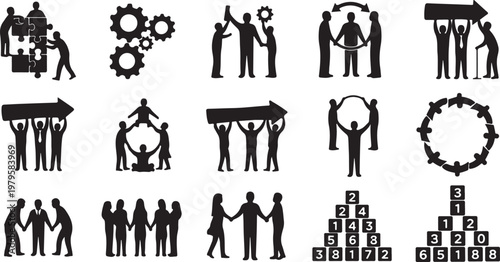 Business Teamwork Collaboration Concepts and Partnership Symbols Icons Set