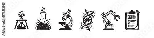 A set of solid black icons representing scientific research, laboratory experiments, and biotechnology innovations.