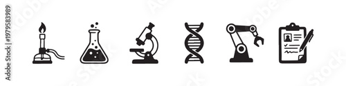 A set of solid black icons representing scientific research, laboratory experiments, and biotechnology innovations.