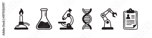 A set of solid black icons representing scientific research, laboratory experiments, and biotechnology innovations.