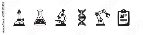 A set of solid black icons representing scientific research, laboratory experiments, and biotechnology innovations.