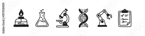 A set of solid black icons representing scientific research, laboratory experiments, and biotechnology innovations.