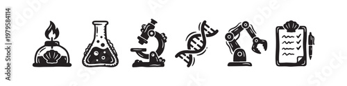 A set of solid black icons representing scientific research, laboratory experiments, and biotechnology innovations.