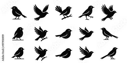 Fotografie Minimalist bird silhouettes collection, 15 black songbird icons in various poses