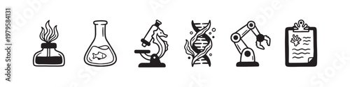 A set of solid black icons representing scientific research, laboratory experiments, and biotechnology innovations.