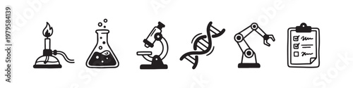 A set of solid black icons representing scientific research, laboratory experiments, and biotechnology innovations.