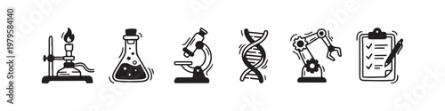A set of solid black icons representing scientific research, laboratory experiments, and biotechnology innovations.