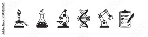 A set of solid black icons representing scientific research, laboratory experiments, and biotechnology innovations.