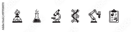 A set of solid black icons representing scientific research, laboratory experiments, and biotechnology innovations.
