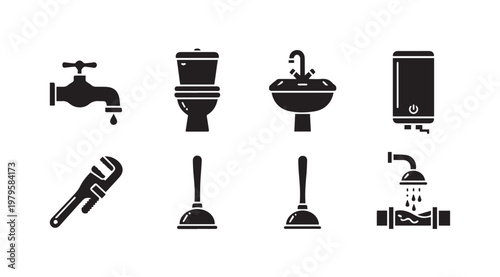 Plumbing service icons with faucet toilet sink water heater wrench plungers and pipe leak