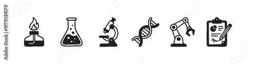 A set of solid black icons representing scientific research, laboratory experiments, and biotechnology innovations.