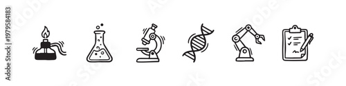 A set of solid black icons representing scientific research, laboratory experiments, and biotechnology innovations.