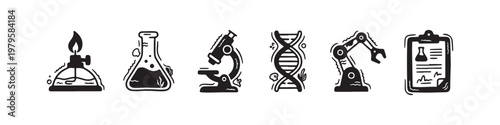 A set of solid black icons representing scientific research, laboratory experiments, and biotechnology innovations.
