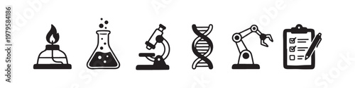 A set of solid black icons representing scientific research, laboratory experiments, and biotechnology innovations.