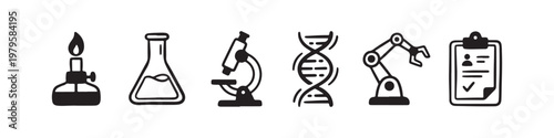 A set of solid black icons representing scientific research, laboratory experiments, and biotechnology innovations.