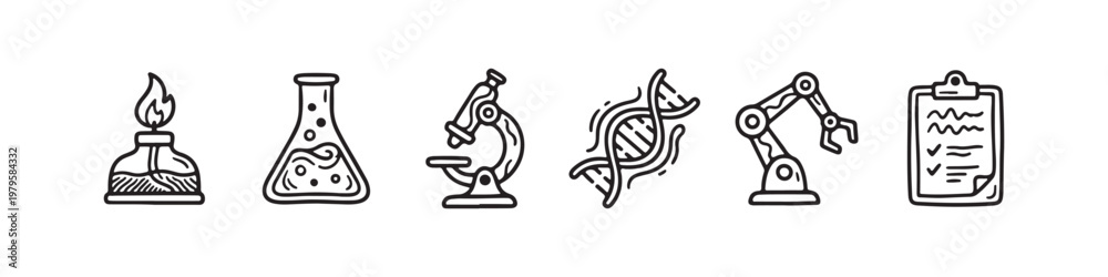 Fototapeta premium A set of solid black icons representing scientific research, laboratory experiments, and biotechnology innovations.