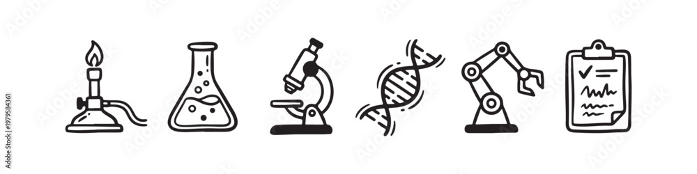Fototapeta premium A set of solid black icons representing scientific research, laboratory experiments, and biotechnology innovations.