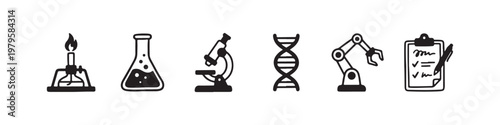 A set of solid black icons representing scientific research, laboratory experiments, and biotechnology innovations.