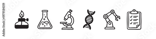 A set of solid black icons representing scientific research, laboratory experiments, and biotechnology innovations.