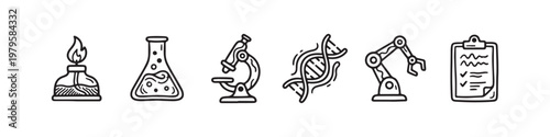 A set of solid black icons representing scientific research, laboratory experiments, and biotechnology innovations.