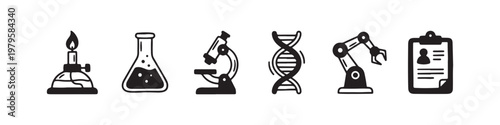 A set of solid black icons representing scientific research, laboratory experiments, and biotechnology innovations.