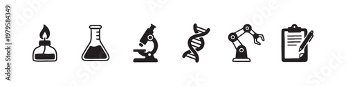 A set of solid black icons representing scientific research, laboratory experiments, and biotechnology innovations.