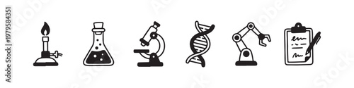 A set of solid black icons representing scientific research, laboratory experiments, and biotechnology innovations.